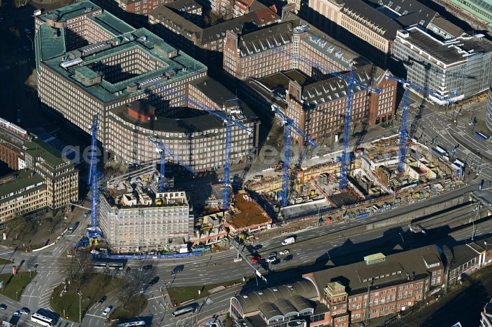 Hamburg from above - Construction site for the construction of a multi-family residential and commercial building Johannis-Kontor at Deichtorplatz in the old town in Hamburg, Germany