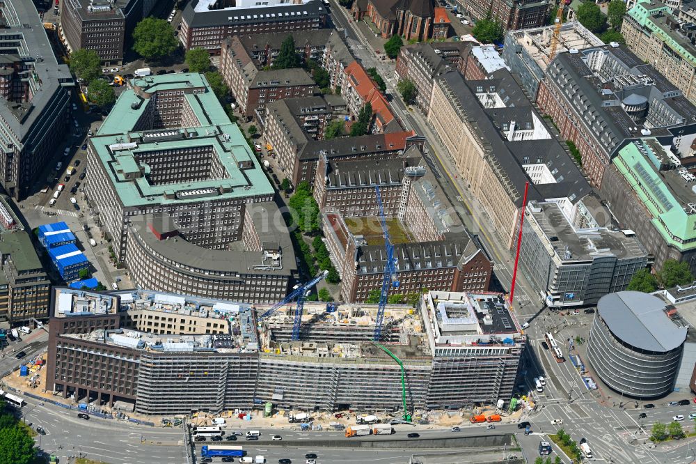 Hamburg from above - Construction site for the new construction of a multi-family residential and commercial building Johannis-Kontor on Johanniswall in the district Altstadt in Hamburg, Germany