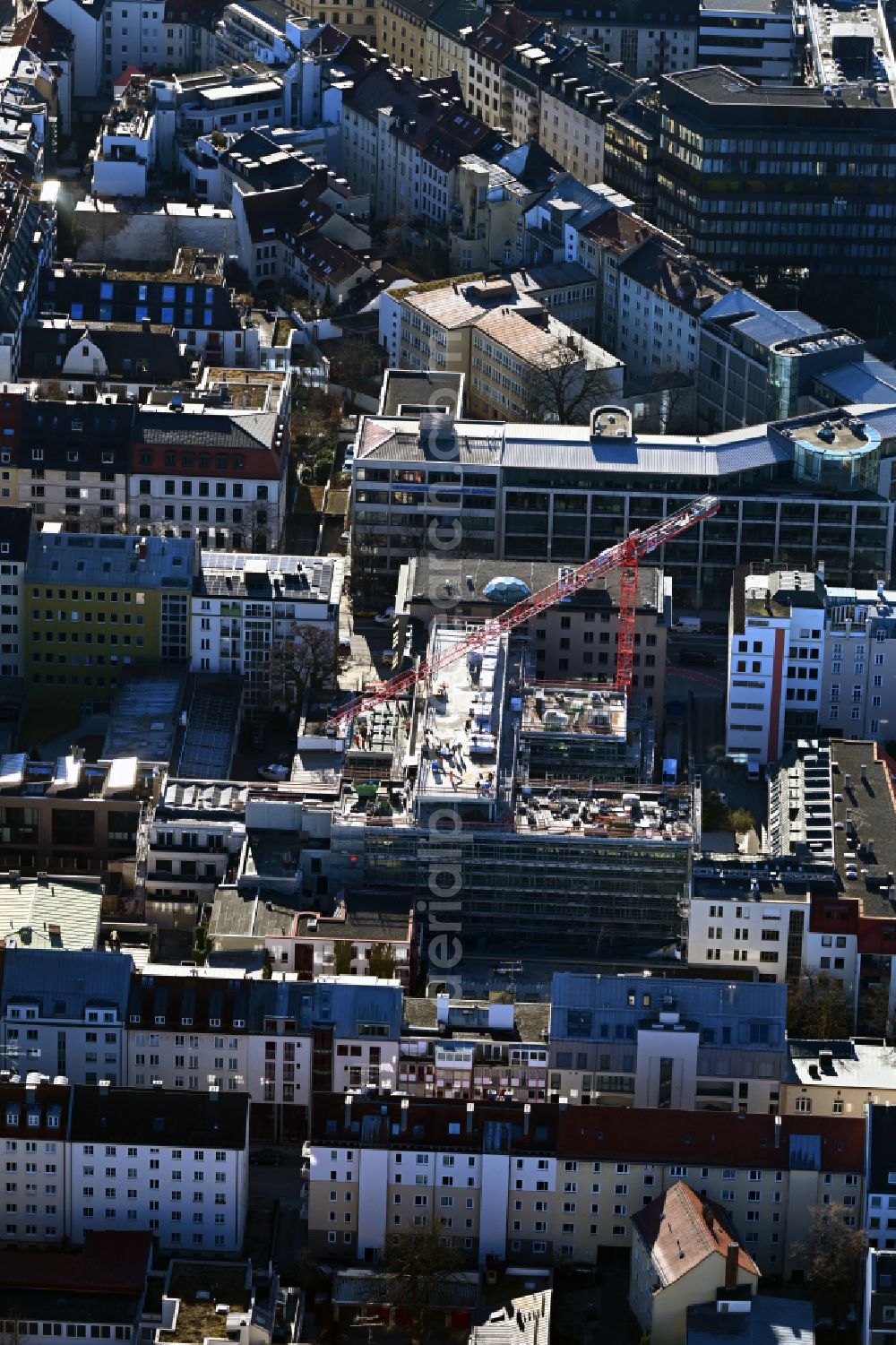 Aerial photograph München - New construction of a residential and commercial building Haus of Fussballs on street Brienner Strasse in the district Maxvorstadt in Munich in the state Bavaria, Germany