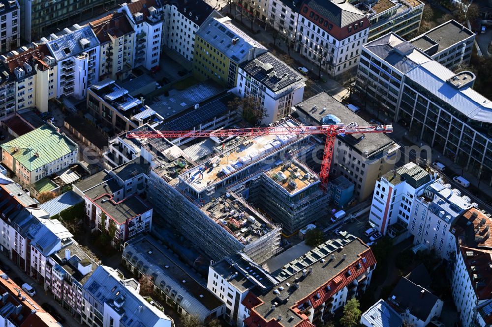 München from above - New construction of a residential and commercial building Haus of Fussballs on street Brienner Strasse in the district Maxvorstadt in Munich in the state Bavaria, Germany