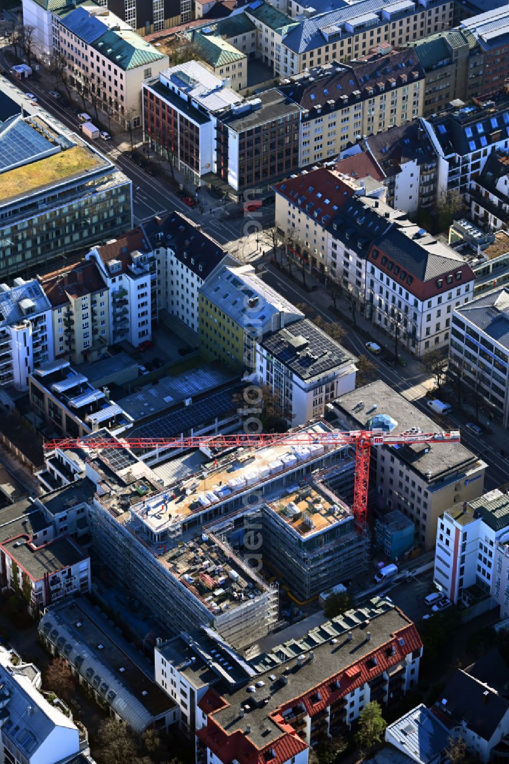 München from the bird's eye view: New construction of a residential and commercial building Haus of Fussballs on street Brienner Strasse in the district Maxvorstadt in Munich in the state Bavaria, Germany