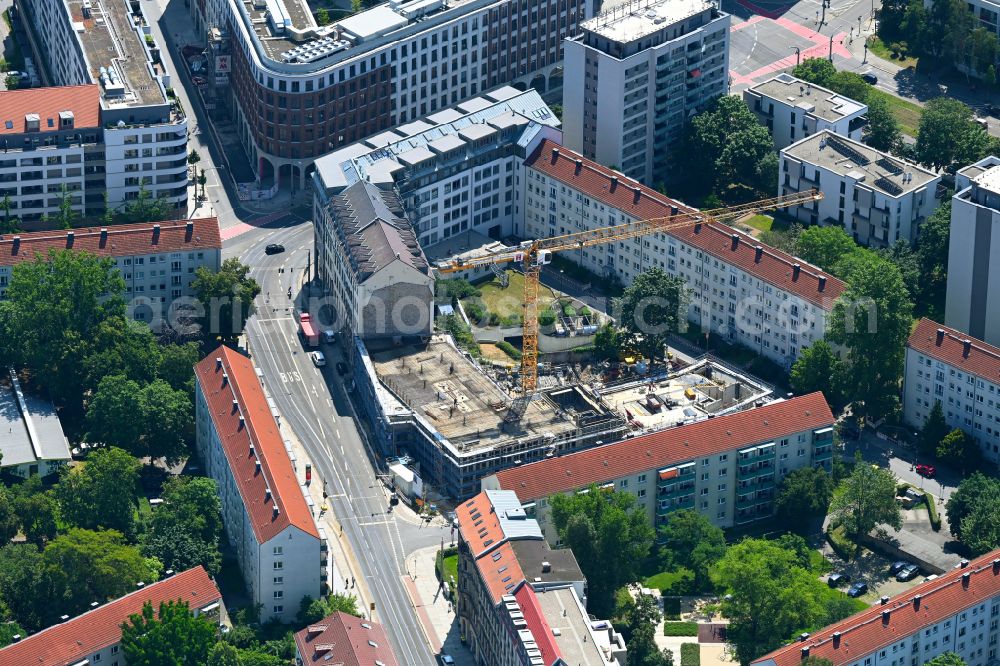 Dresden from above - New construction of a residential and commercial building Katholisches Probst-Beier-Haus on street Schweriner Strasse - Ermischstrasse in Dresden in the state Saxony, Germany