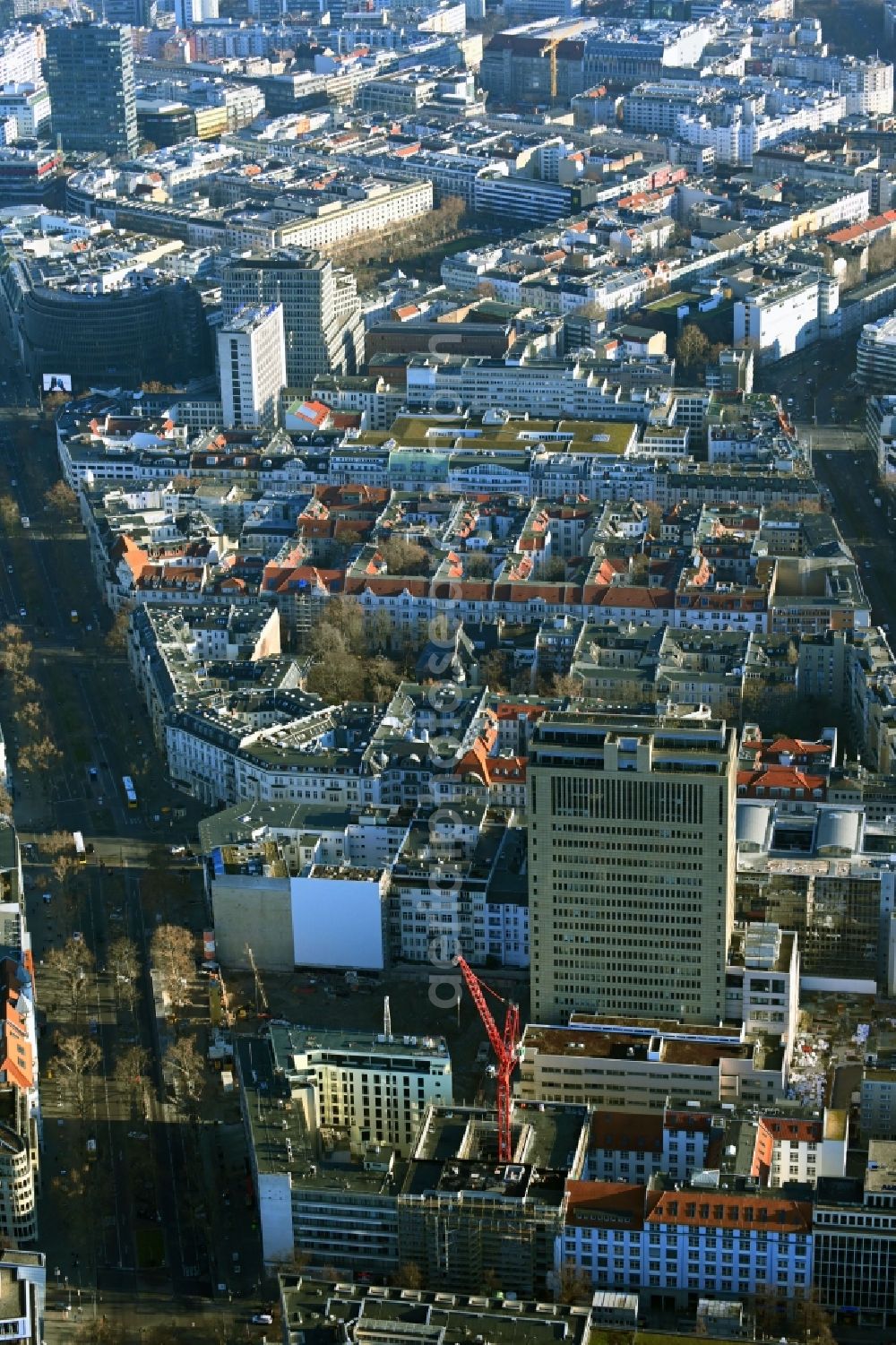 Berlin from the bird's eye view: New construction of a residential and commercial building on Knesebeckstrasse in the district Charlottenburg in Berlin, Germany