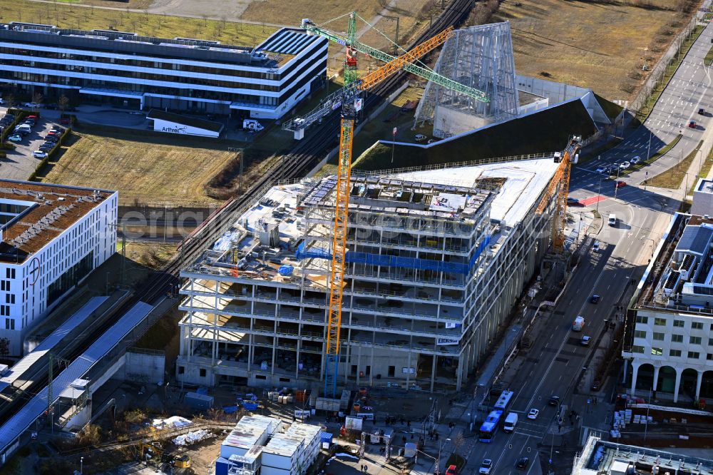 Aerial image München - New construction of a residential and commercial building on street Emilie-Maurer-Strasse - Bodenseestrasse in the district Freiham in Munich in the state Bavaria, Germany
