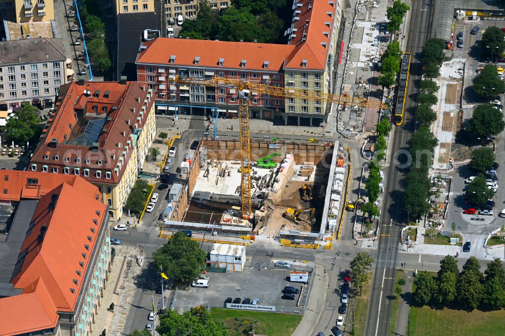 Dresden from the bird's eye view: New construction of a residential and commercial building on street Ringstrasse - Kreuzstrasse in the district Altstadt in Dresden in the state Saxony, Germany