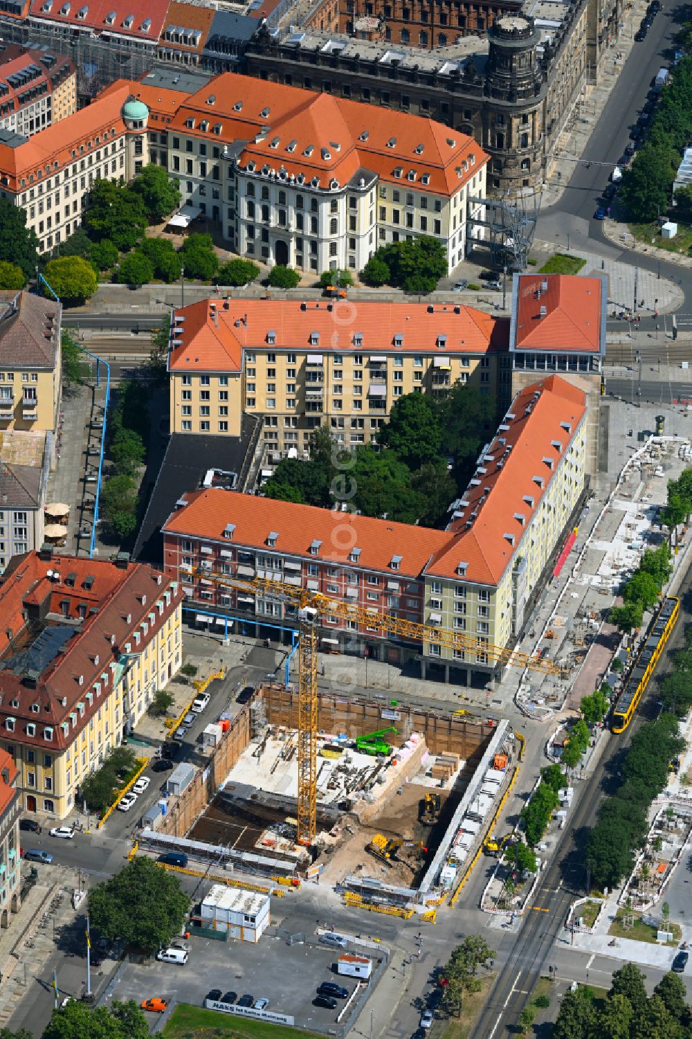Aerial image Dresden - New construction of a residential and commercial building on street Ringstrasse - Kreuzstrasse in the district Altstadt in Dresden in the state Saxony, Germany