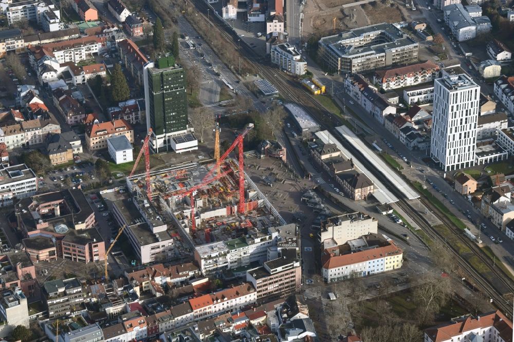 Aerial image Lörrach - New residential and commercial building Quarter Loe on place Bahnhofsplatz - Sarasinweg - Palmstrasse in Loerrach in the state Baden-Wurttemberg, Germany