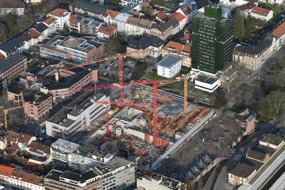 Aerial photograph Lörrach - New residential and commercial building Quarter Loe on place Bahnhofsplatz - Sarasinweg - Palmstrasse in Loerrach in the state Baden-Wurttemberg, Germany