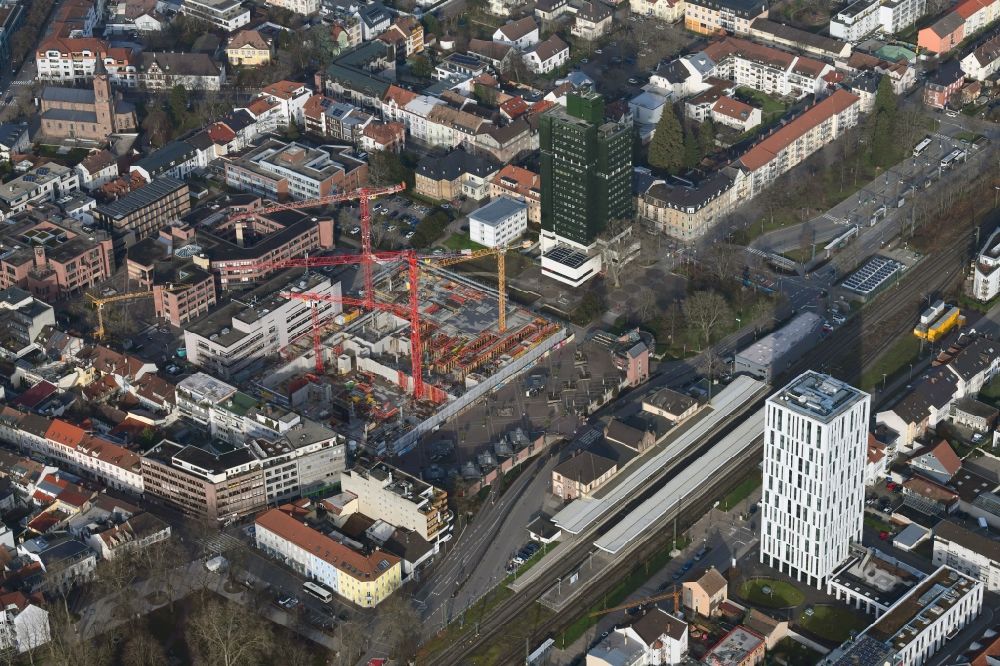 Lörrach from above - New residential and commercial building Quarter Loe on place Bahnhofsplatz - Sarasinweg - Palmstrasse in Loerrach in the state Baden-Wurttemberg, Germany