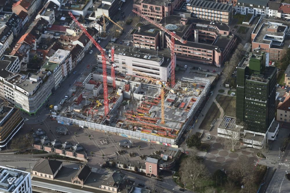 Aerial image Lörrach - New residential and commercial building Quarter Loe on place Bahnhofsplatz - Sarasinweg - Palmstrasse in Loerrach in the state Baden-Wurttemberg, Germany