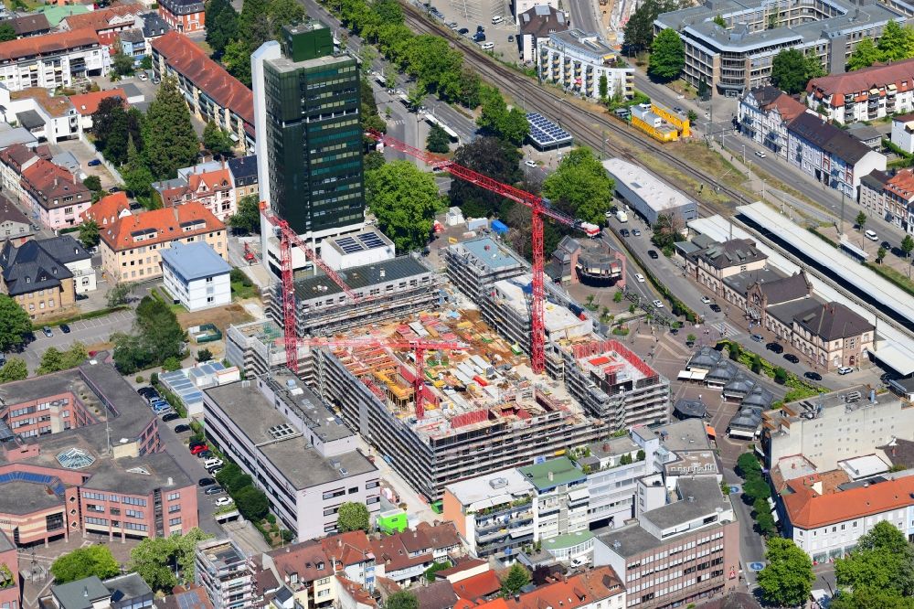 Lörrach from above - New residential and commercial building Quarter Loe on place Bahnhofsplatz - Sarasinweg - Palmstrasse in Loerrach in the state Baden-Wurttemberg, Germany