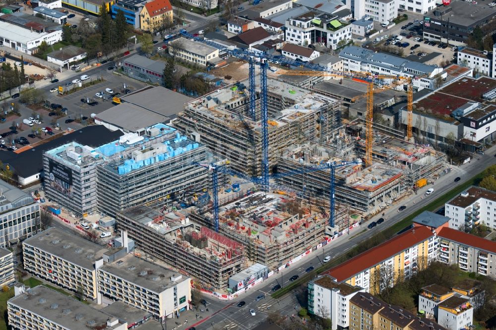 München from above - Construction site of new residential and commercial building Quarter DIE MACHEREI along the Berg-am-Laim-Strasse - Weihenstephaner Strasse in the district Berg am Laim in Munich in the state Bavaria, Germany