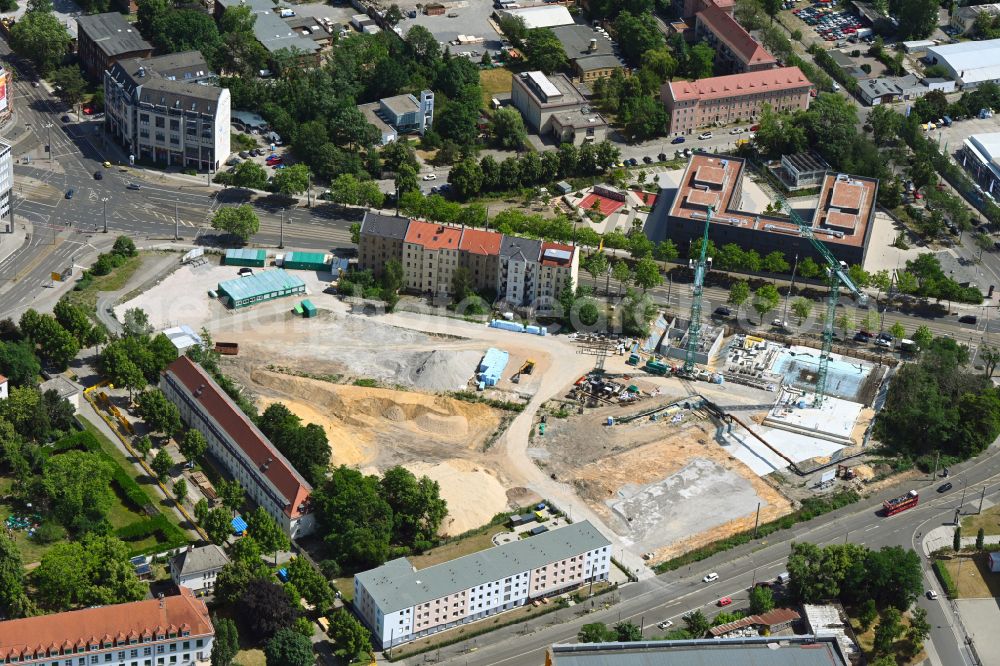 Leipzig from above - Construction site for the new construction of the residential and commercial building district Prague Triangle with a new construction of a high school on Prager Strasse - Philipp-Rosenthal-Strasse in the district Zentrum-Suedost in Leipzig in the state Saxony, Germany