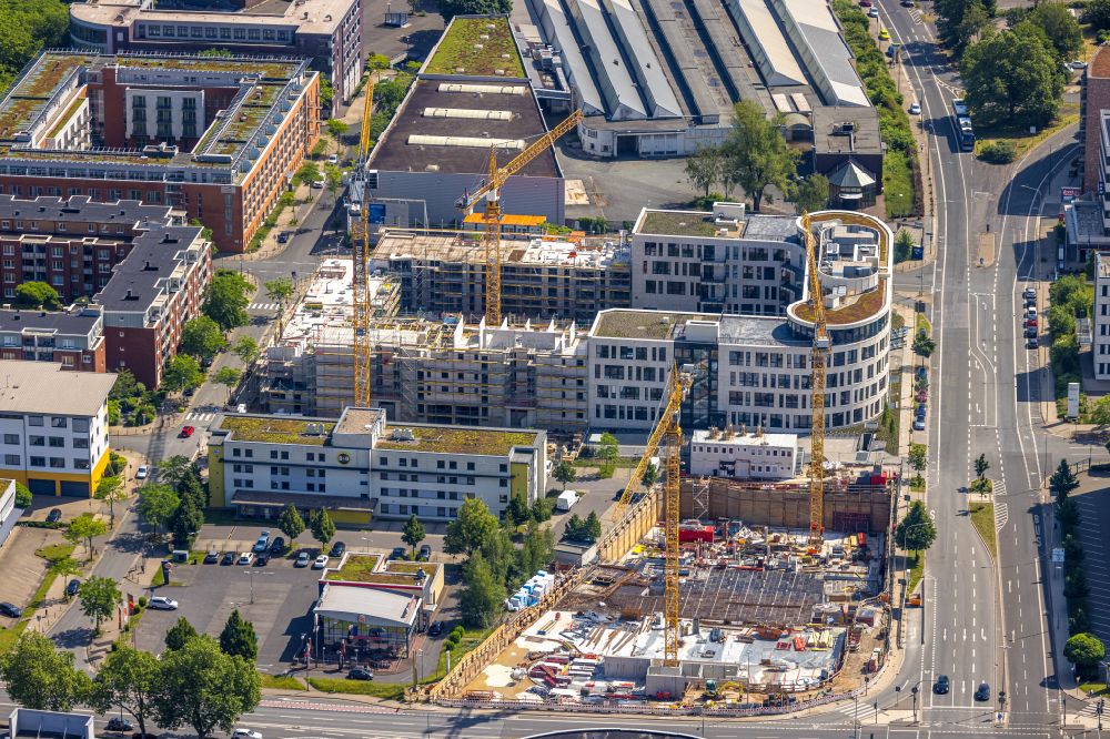 Aerial image Essen - New residential and commercial building Quarter of Projekte Max & Moritz and Essen - Weststadt on street Frohnhauser Strasse in Essen at Ruhrgebiet in the state North Rhine-Westphalia, Germany