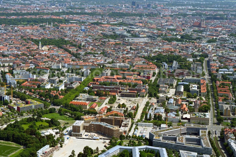 München from the bird's eye view: New residential and commercial building Quarter Suedliches Oberwiesenfeld on Rosa-Luxemburg-Platz on Schwere-Reiter-Strasse - Emma-Ihrer-Strasse in Munich in the state Bavaria, Germany