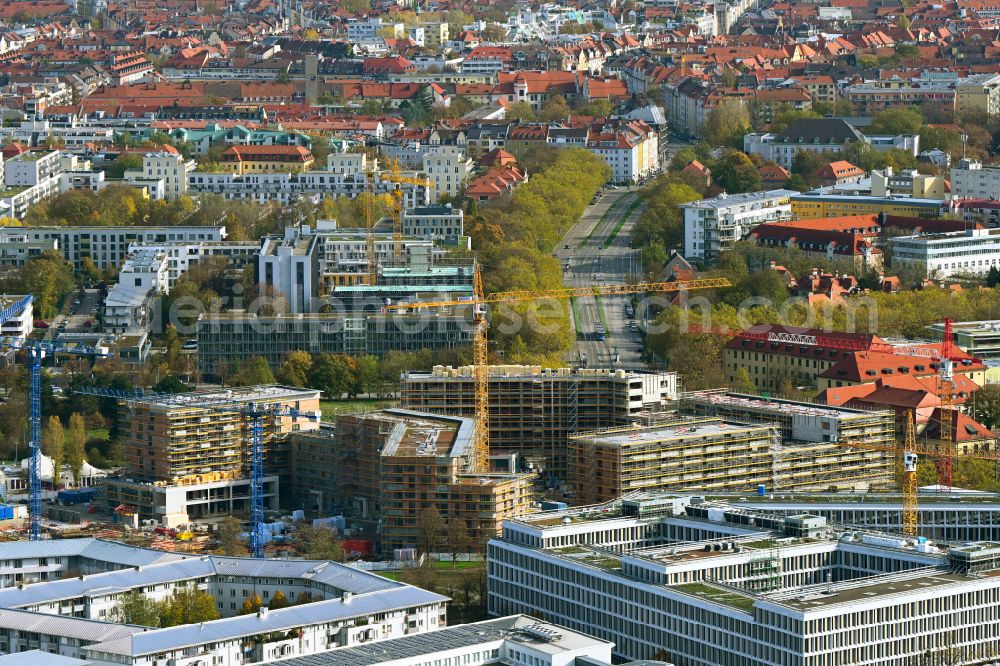 Aerial photograph München - New residential and commercial building Quarter Suedliches Oberwiesenfeld on Rosa-Luxemburg-Platz on Schwere-Reiter-Strasse - Emma-Ihrer-Strasse in Munich in the state Bavaria, Germany