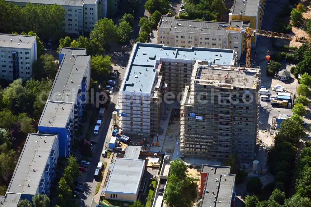 Aerial image Berlin - Construction site for the new residential and commercial building on Kastanienboulevard - Auerbacher Ring - Schneeberger Strasse in the district Hellersdorf in Berlin, Germany