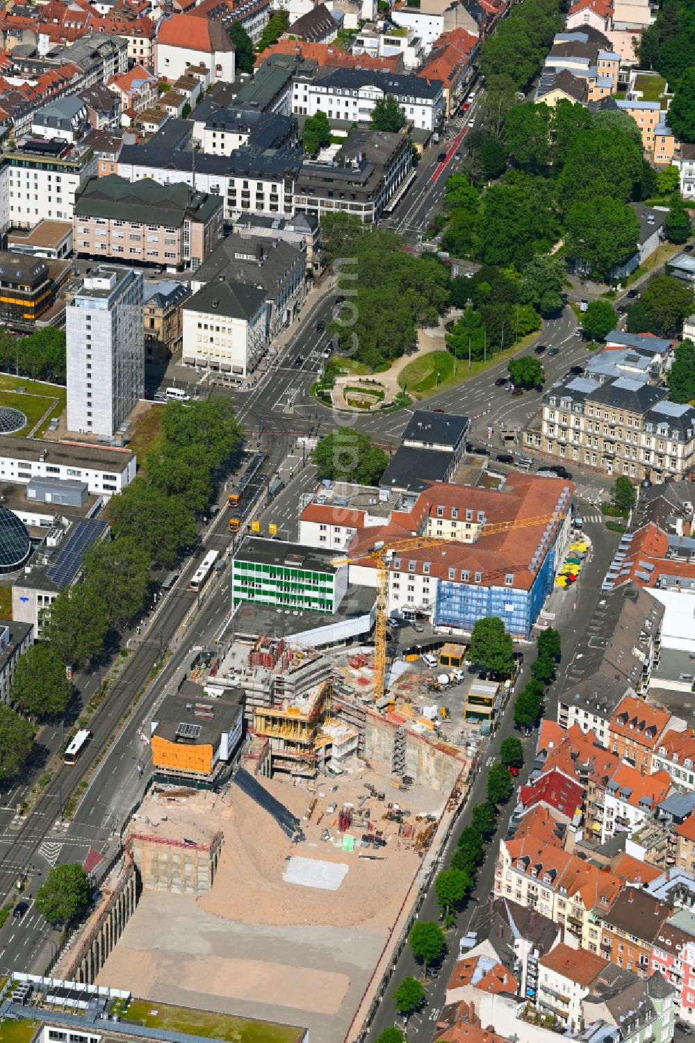 Heidelberg from above - Construction site for the new residential and commercial building on street Kurfuersten-Anlage in the district Weststadt in Heidelberg in the state Baden-Wuerttemberg, Germany