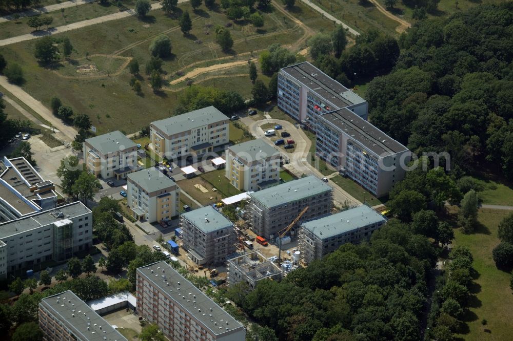 Berlin from the bird's eye view: New buildings and construction site on Allee der Kosmonauten in the landscape park Herzberge in the district of Lichtenberg in Berlin in Germany. The new development consists of several residential buildings with apartments and balconies and is located on the edge of the park with its meadows and trees