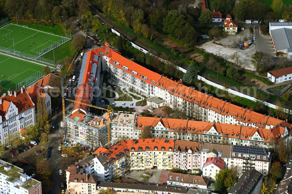 Aerial image München - Construction site of a new residential area of the terraced housing estate on street Teutoburger Strasse - Gerhardstrasseasse in the district Untergiesing-Harlaching in Munich in the state Bavaria, Germany