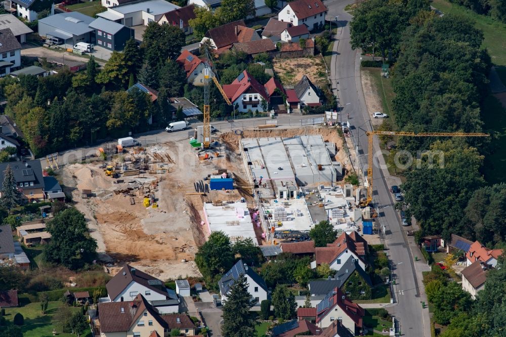 Rednitzhembach from above - Construction site of a new residential area of the terraced housing estate on Schwander Strasse - Ganghofer Strasse in Rednitzhembach in the state Bavaria, Germany