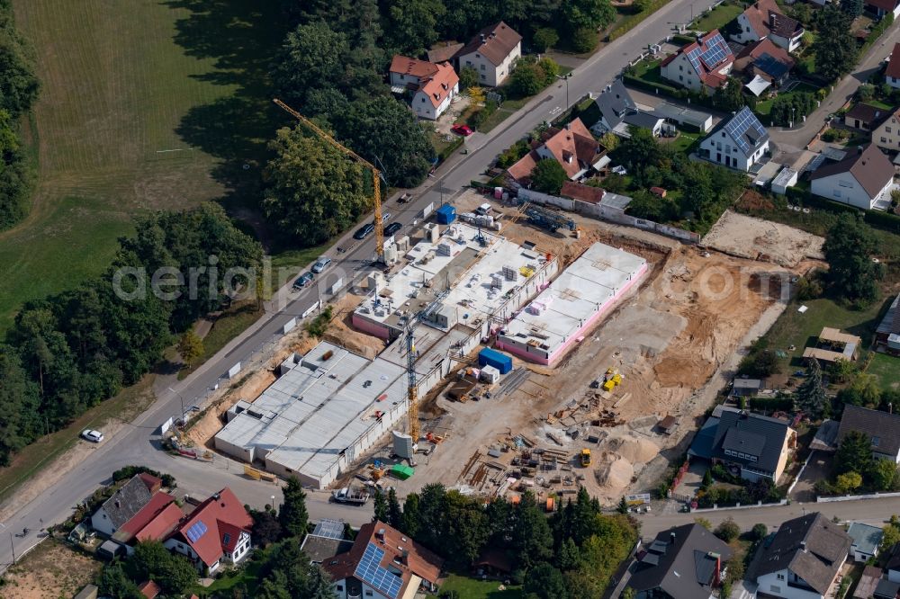 Aerial image Rednitzhembach - Construction site of a new residential area of the terraced housing estate on Schwander Strasse - Ganghofer Strasse in Rednitzhembach in the state Bavaria, Germany