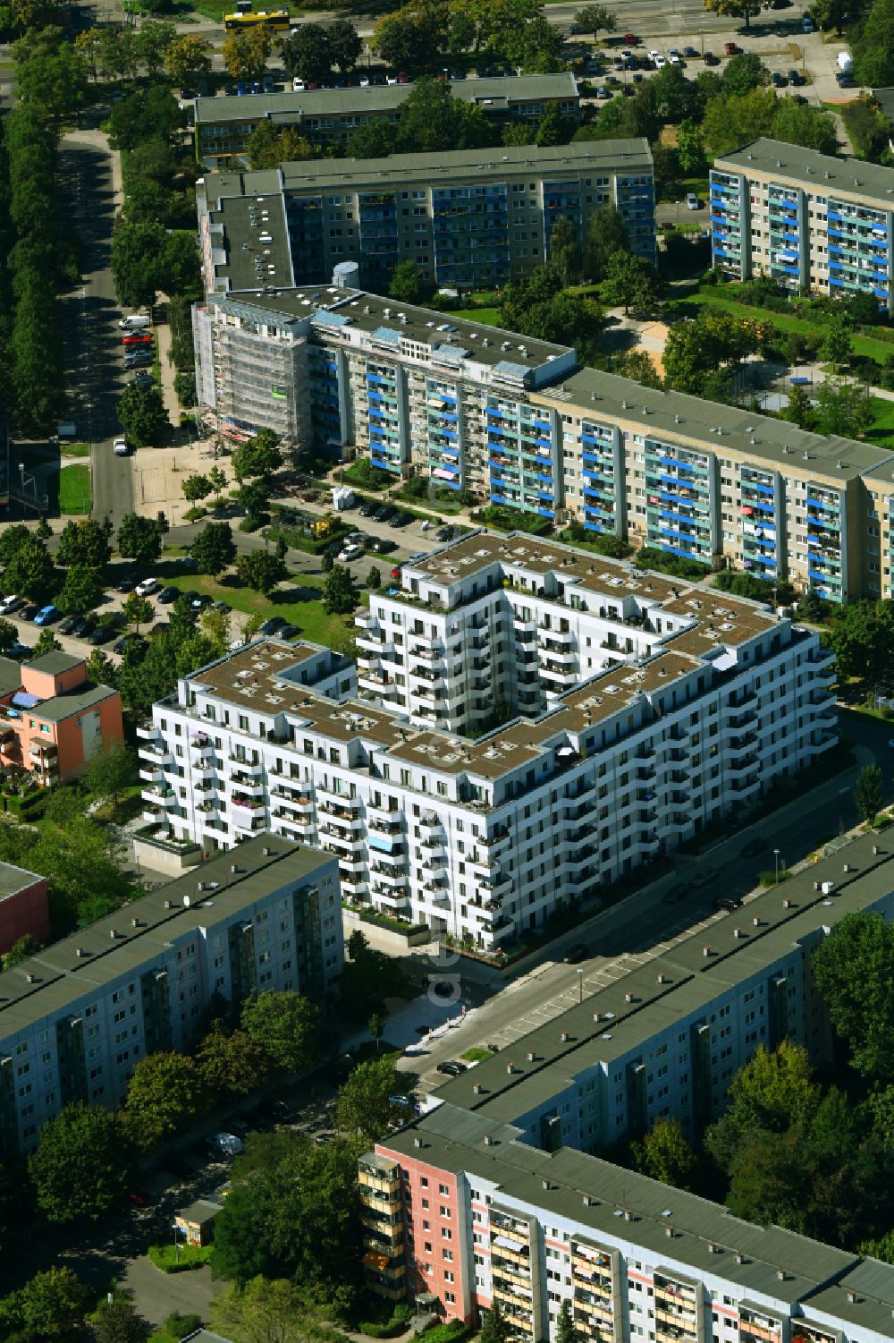 Aerial image Berlin - Multi-family residential building V on Rosenbecker Strasse - Eichhorster Strasse in the district Marzahn in Berlin, Germany