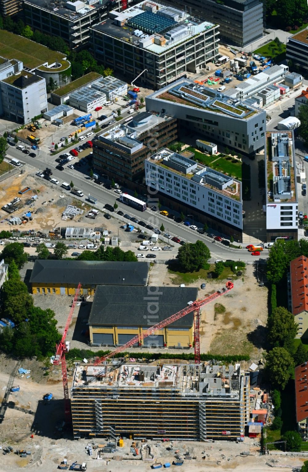 München from above - Construction site for the multi-family residential building on Piusstrasse - Puereelinie in the district Berg am Laim in Munich in the state Bavaria, Germany