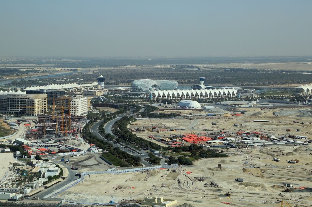 Aerial image Abu Dhabi - Construction works in the vicinity of racecourse Yas Marina Circuit in Abu Dhabi in United Arab Emirates