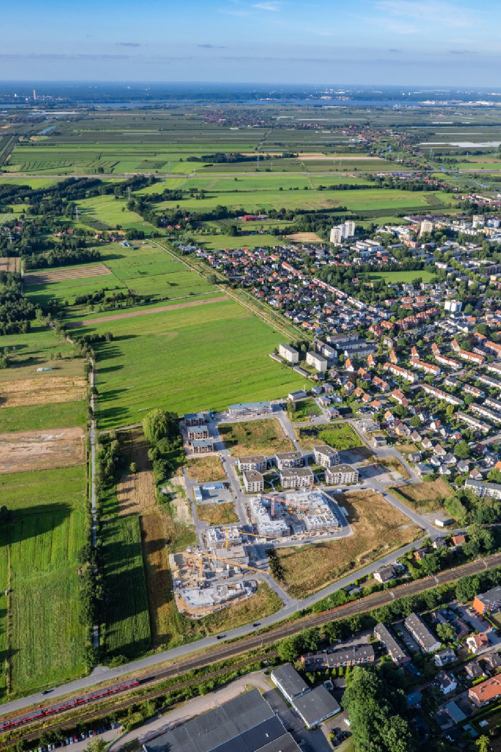 Buxtehude from above - Construction site to build a new multi-family residential complex Koengsdamm in Buxtehude in the state Lower Saxony, Germany