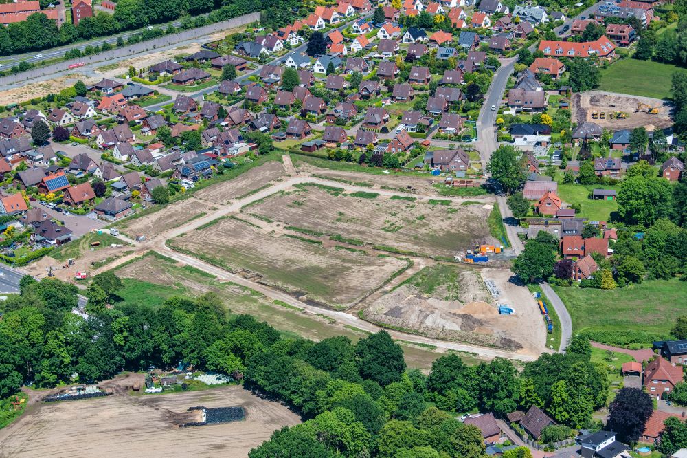 Stade from above - New building area in the settlement area Bronzeschmiede on street Klarer Streck in Stade in the state Lower Saxony, Germany