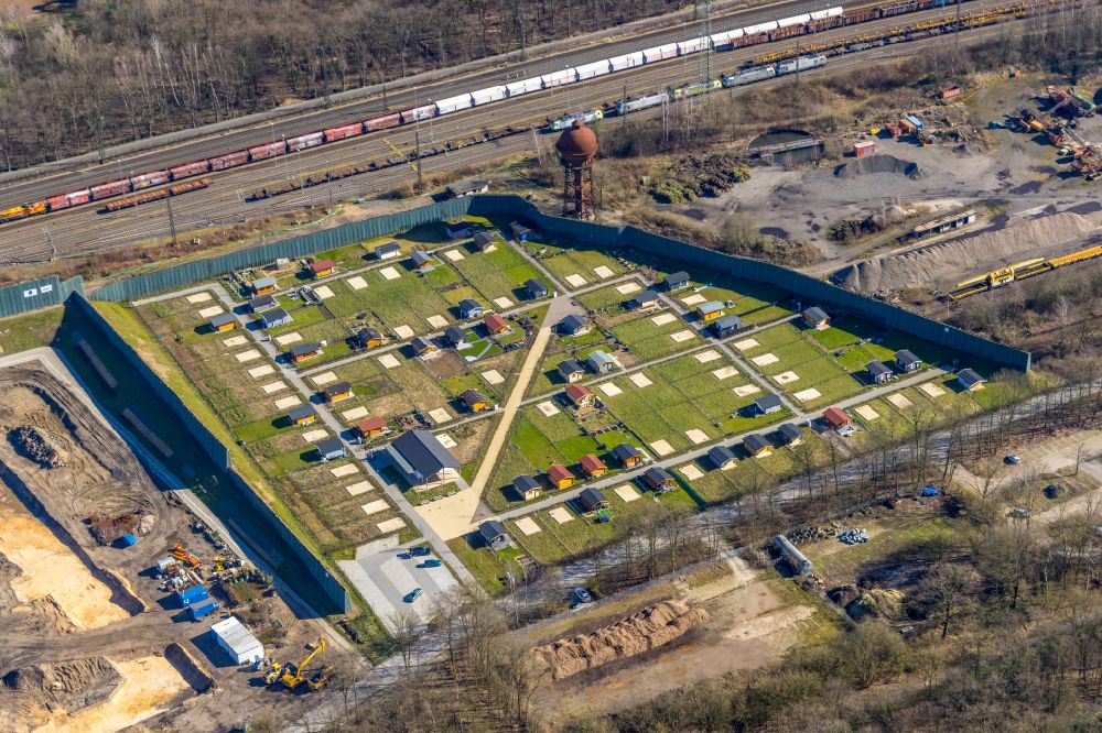 Duisburg from above - New allotment gardens at the water tower on Masurenallee in the Wedau part of Duisburg in the Ruhr area in the state North Rhine-Westphalia, Germany