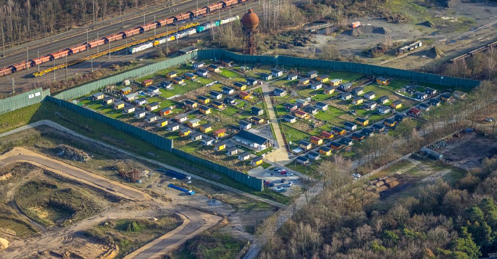 Duisburg from the bird's eye view: New allotment gardens at the water tower on Masurenallee in the Wedau part of Duisburg in the Ruhr area in the state North Rhine-Westphalia, Germany