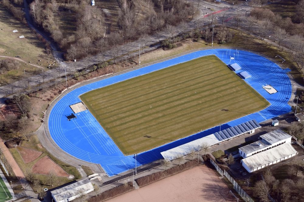Rheinfelden (Baden) from above - New lawn in the sports grounds and football pitch Europe-Stadium in Rheinfelden (Baden) in the state Baden-Wurttemberg, Germany
