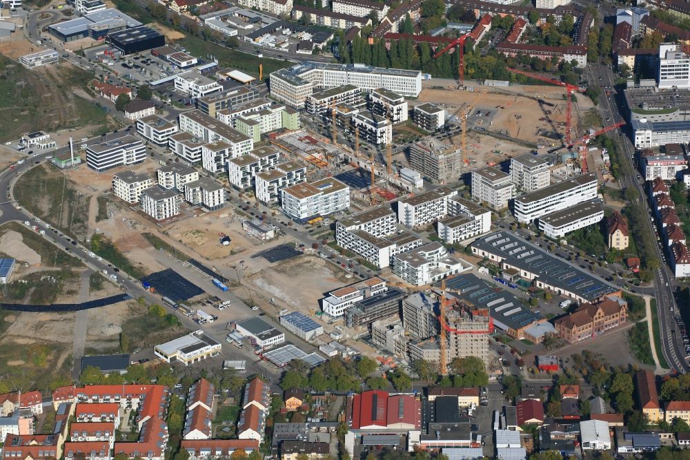 Freiburg im Breisgau from the bird's eye view: District Gueterbahnhof Nord in the city in Freiburg im Breisgau in the state Baden-Wurttemberg, Germany. Buildings arise on the area of the former Goods Station North