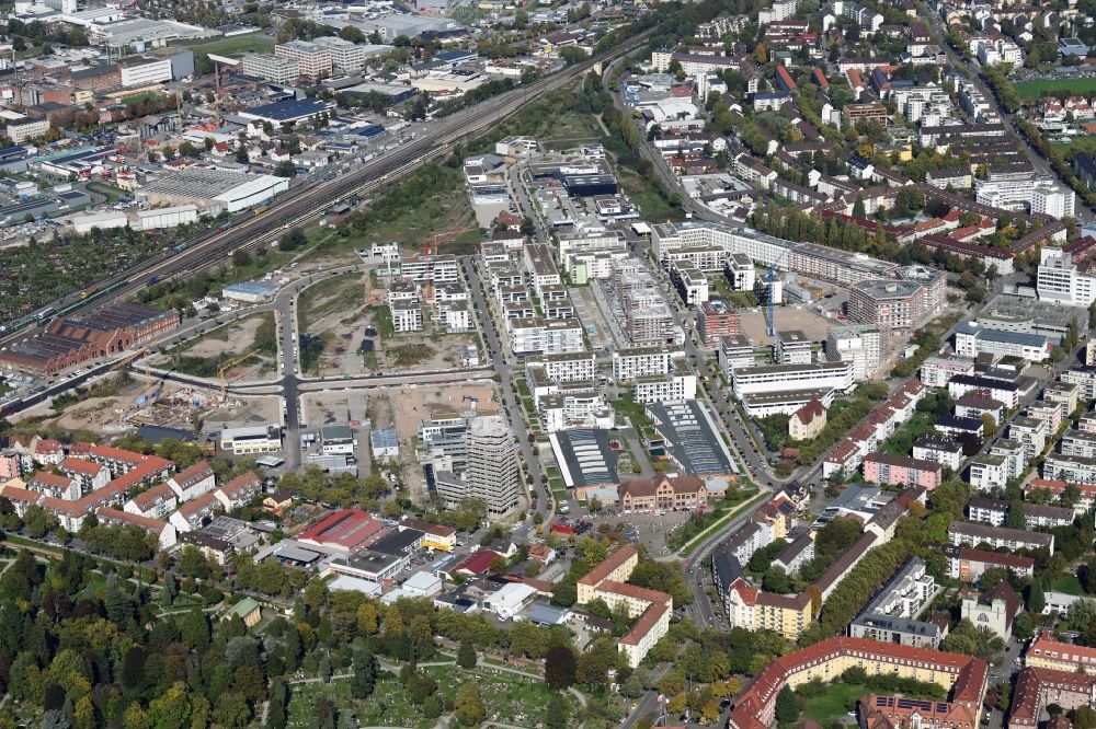 Freiburg im Breisgau from the bird's eye view: District Gueterbahnhof Nord in the city in Freiburg im Breisgau in the state Baden-Wuerttemberg, Germany. Buildings arise on the area of the former Goods Station North