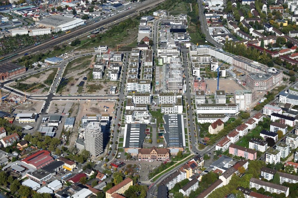 Aerial image Freiburg im Breisgau - District Gueterbahnhof Nord in the city in Freiburg im Breisgau in the state Baden-Wuerttemberg, Germany. Buildings arise on the area of the former Goods Station North