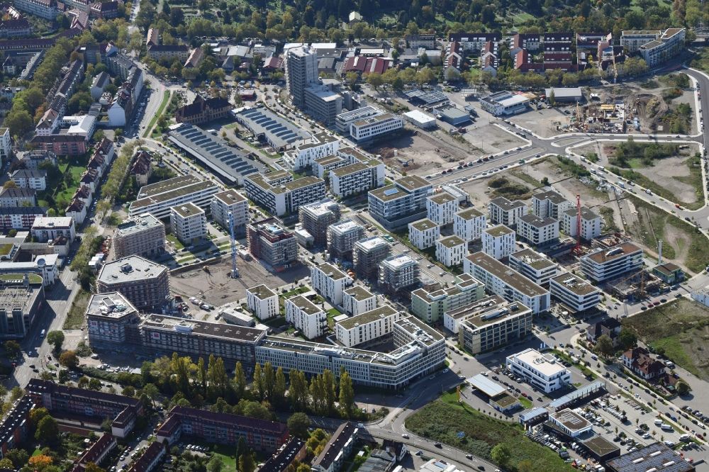 Aerial photograph Freiburg im Breisgau - District Gueterbahnhof Nord in the city in Freiburg im Breisgau in the state Baden-Wuerttemberg, Germany. Buildings arise on the area of the former Goods Station North
