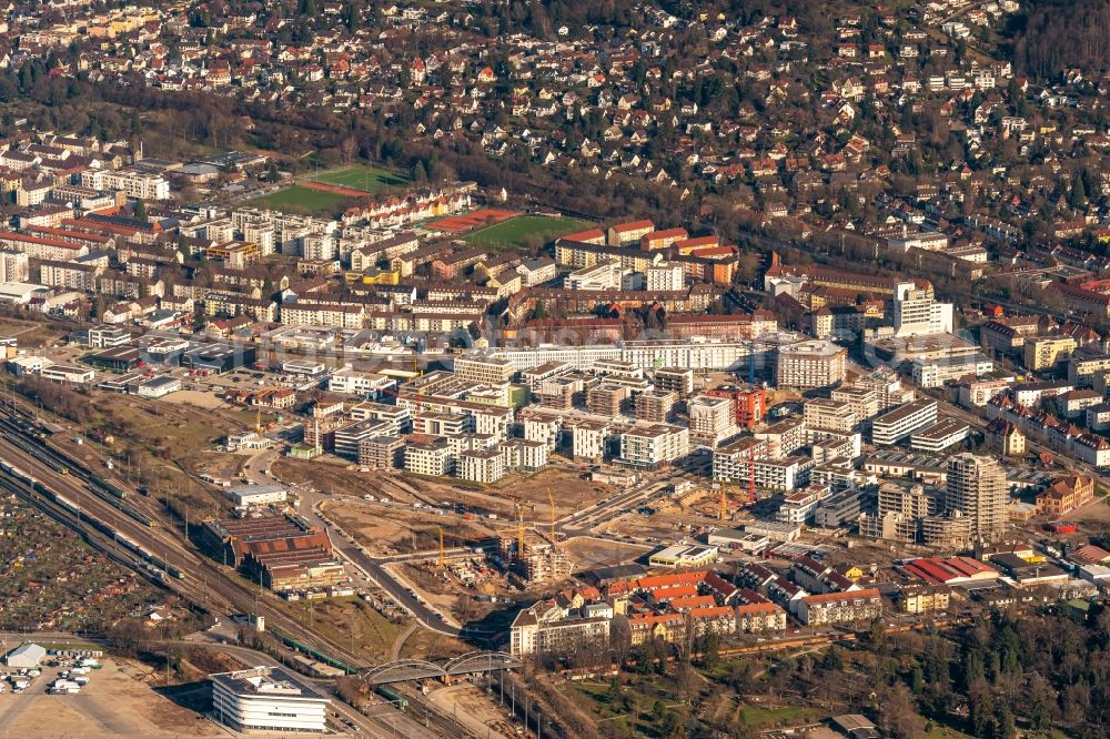 Aerial photograph Freiburg im Breisgau - District Gueterbahnhof Nord in the city in Freiburg im Breisgau in the state Baden-Wurttemberg, Germany. Buildings arise on the area of the former Goods Station North