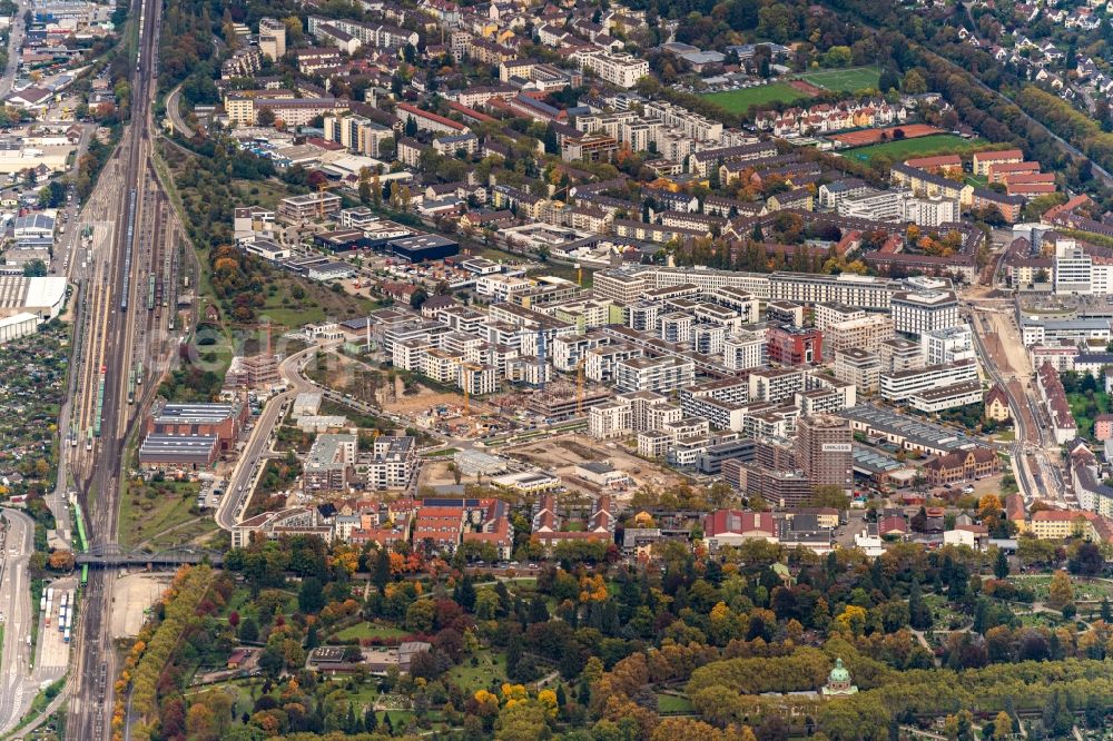 Aerial photograph Freiburg im Breisgau - District Gueterbahnhof Nord in the city in Freiburg im Breisgau in the state Baden-Wuerttemberg, Germany. Buildings arise on the area of the former Goods Station North