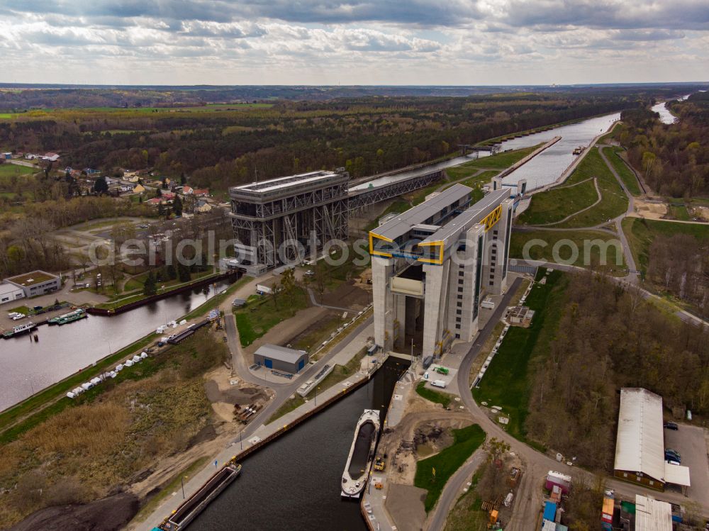 Niederfinow from the bird's eye view: New and old Niederfinow ship lift on the Finow Canal in the state of Brandenburg
