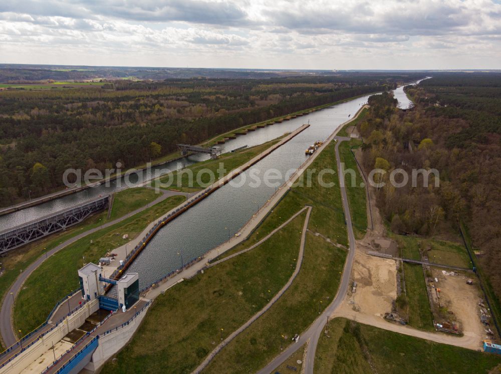 Niederfinow from above - New and old Niederfinow ship lift on the Finow Canal in the state of Brandenburg