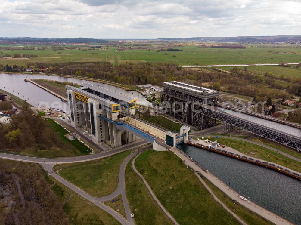 Niederfinow from above - New and old Niederfinow ship lift on the Finow Canal in the state of Brandenburg