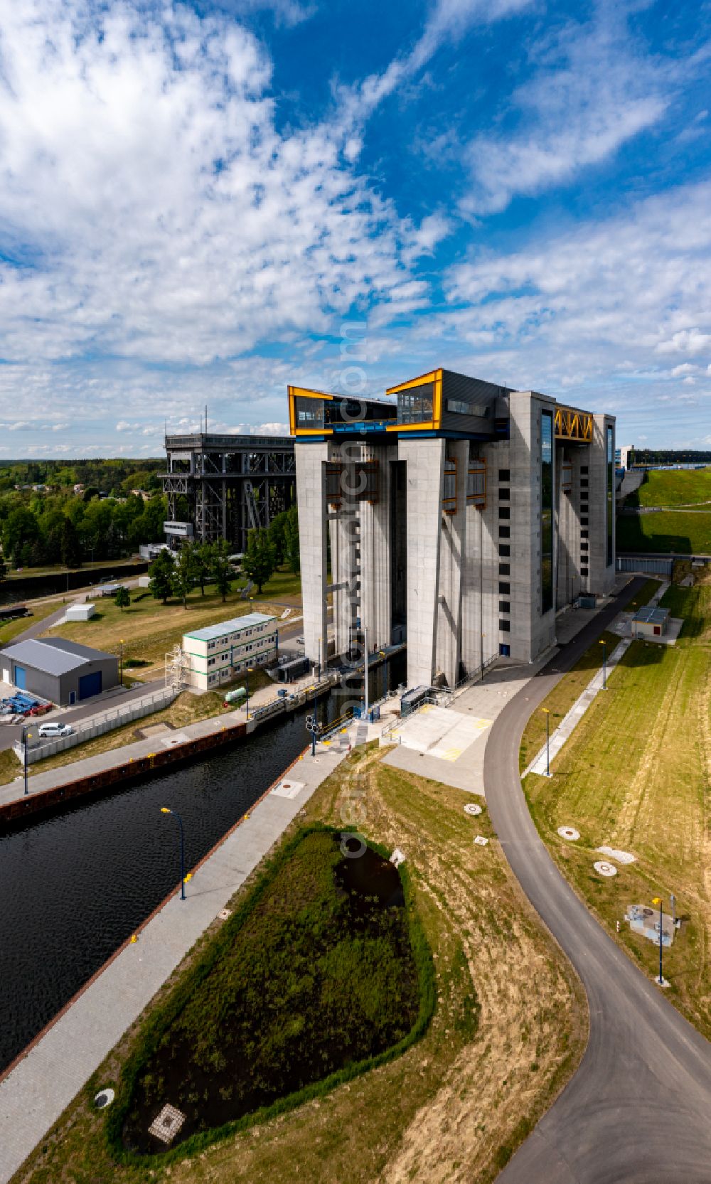 Aerial image Niederfinow - New and old Niederfinow ship lift on the Finow Canal in the state of Brandenburg