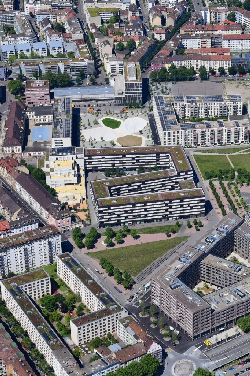 Aerial photograph Basel - The residential area Erlenmatt is built on the site of the former station area of DB and will be a new, modern city district in Basel in Switzerland