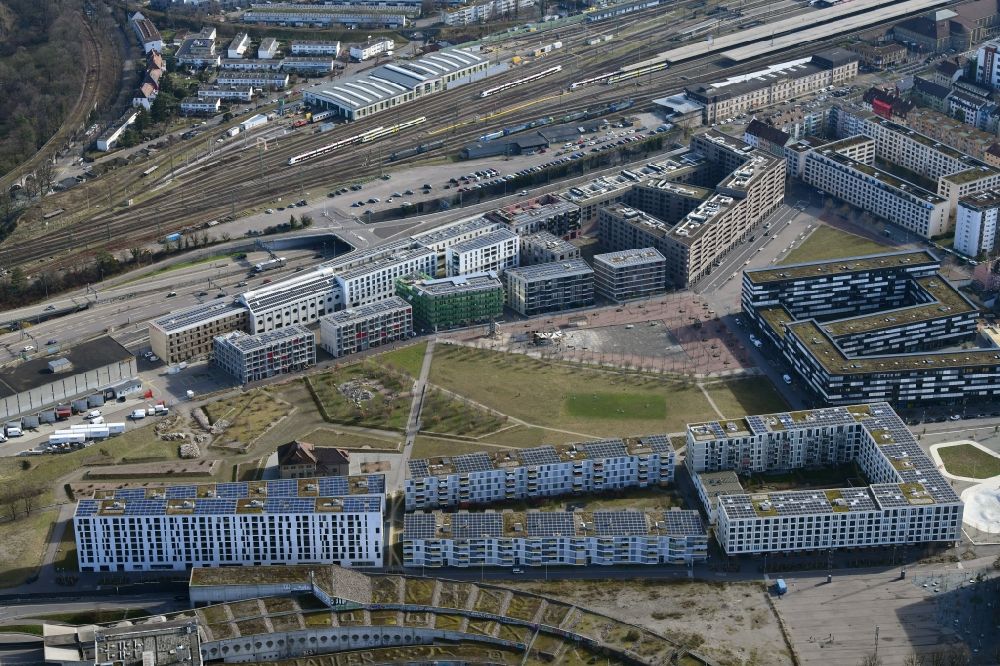 Aerial image Basel - The residential area Erlenmatt is built on the site of the former station area of DB and will be a new, modern city district in Basel in Switzerland