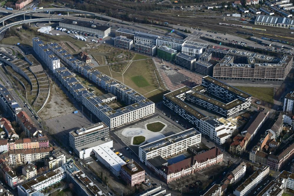 Aerial photograph Basel - The residential area Erlenmatt is built on the site of the former station area of DB and will be a new, modern city district in Basel in Switzerland