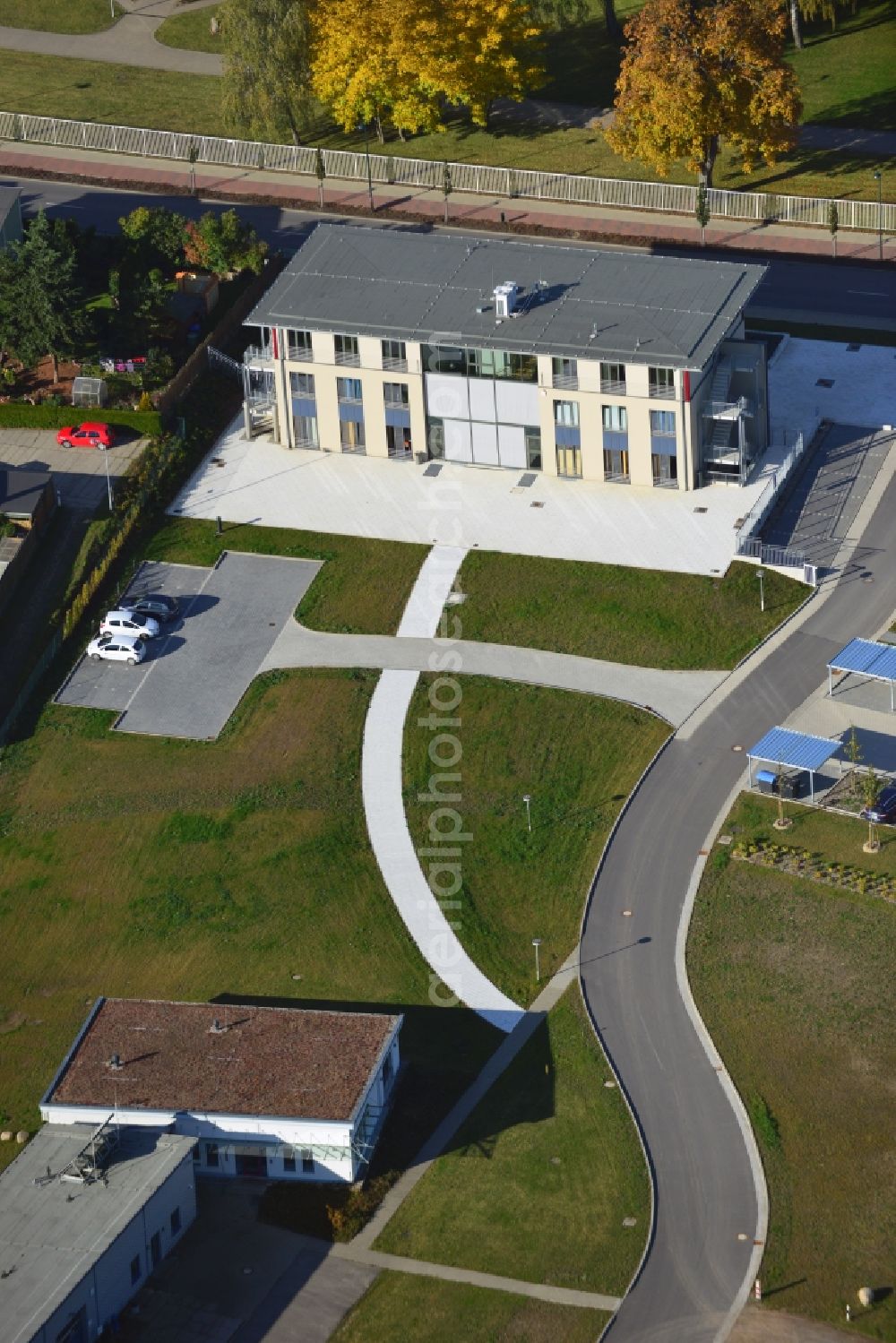 Aerial image Stavenhagen - View at the new built main administration of the Wasser Zweckverband Malchin Stavenhagen at Schultetusstraße in Stavenhagen in the federal state Mecklenburg-Vorpommern. The WasserZweckverband Malchin Stavenhagen consists of 20 member communities. The architecture office Anke Diesterheft was responsible for the new building