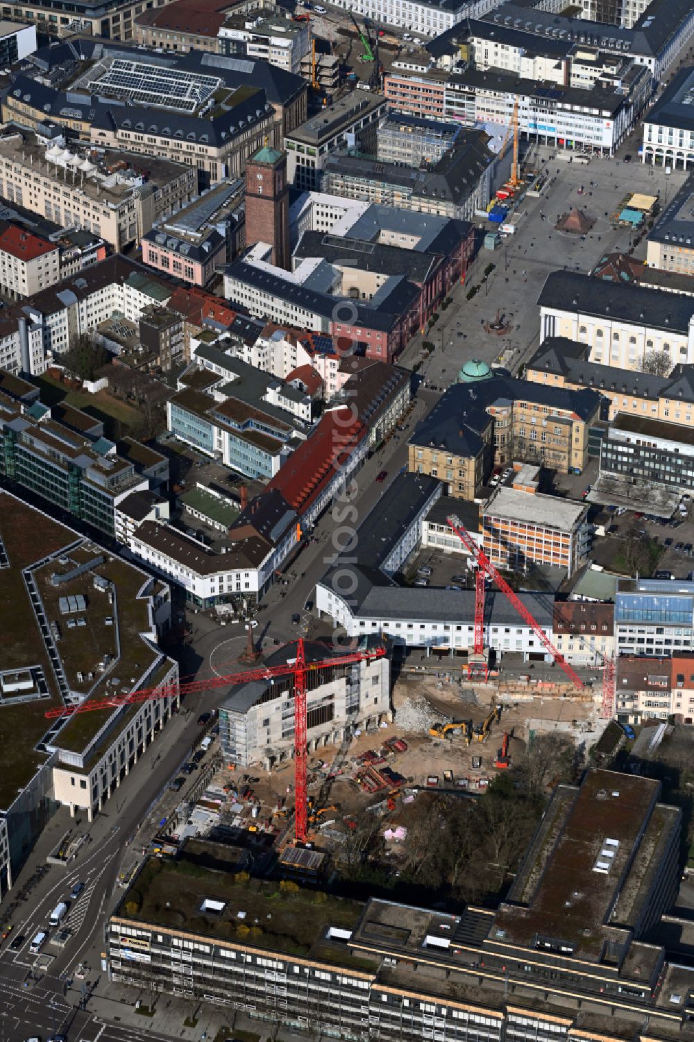 Aerial photograph Karlsruhe - Construction site for the redesign of the building complex and historical monument Margravial Palace on Karl-Friedrich-Strasse Rondellplatz - Markgrafenstrasse in Karlsruhe in the state Baden-Wuerttemberg, Germany