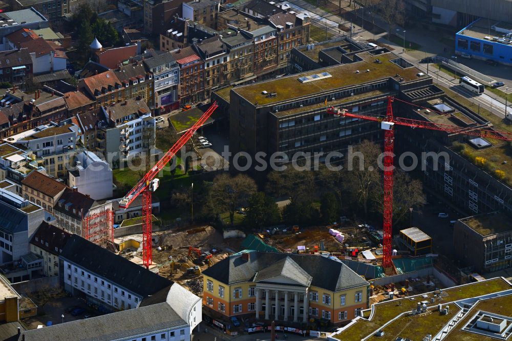 Karlsruhe from the bird's eye view: Construction site for the redesign of the building complex and historical monument Margravial Palace on Karl-Friedrich-Strasse Rondellplatz - Markgrafenstrasse in Karlsruhe in the state Baden-Wuerttemberg, Germany